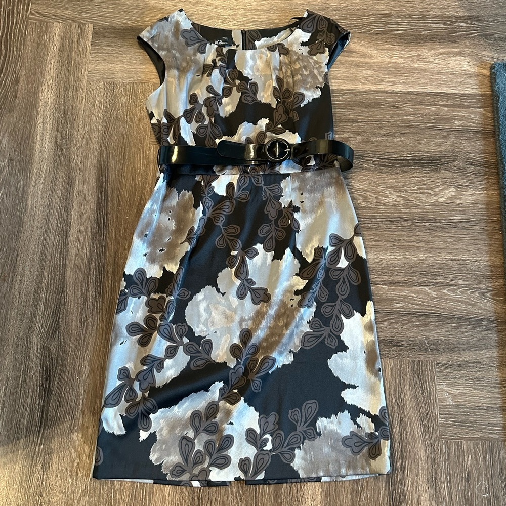 AGB Black & Grey Floral Midi Belted Dress Size 14